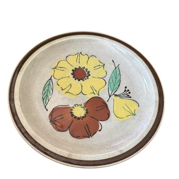 Vintage Hand Painted Stoneware Dinner Plate (3) Floral Design Retro Kitchenware - Picture 4 of 8
